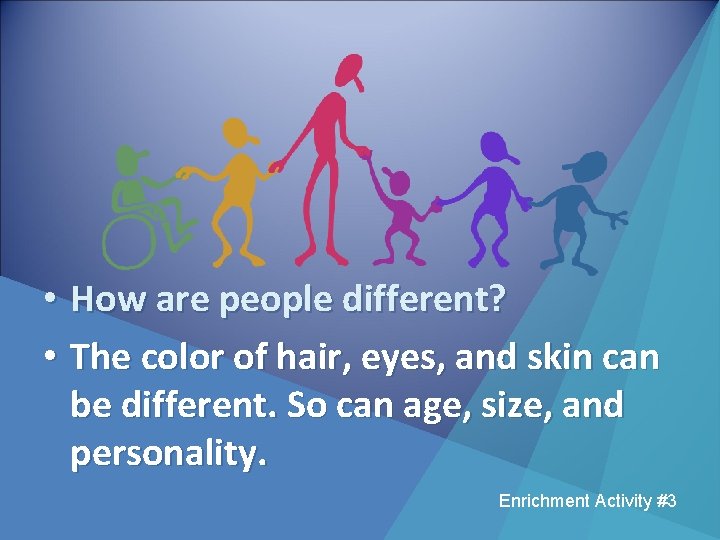  • How are people different? • The color of hair, eyes, and skin