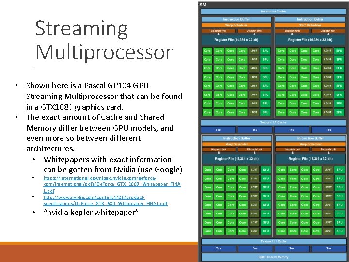 Streaming Multiprocessor • Shown here is a Pascal GP 104 GPU Streaming Multiprocessor that