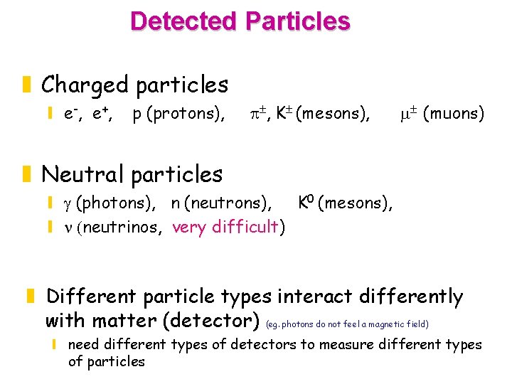 Detected Particles z Charged particles y e -, e +, p (protons), p ,