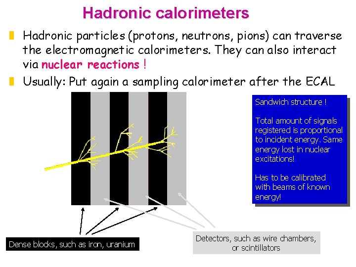 Hadronic calorimeters z Hadronic particles (protons, neutrons, pions) can traverse the electromagnetic calorimeters. They