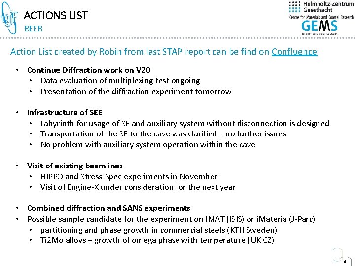 ACTIONS LIST BEER Action List created by Robin from last STAP report can be