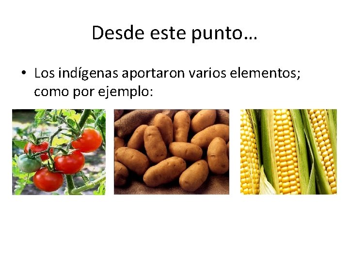 Desde este punto… • Los indígenas aportaron varios elementos; como por ejemplo: 