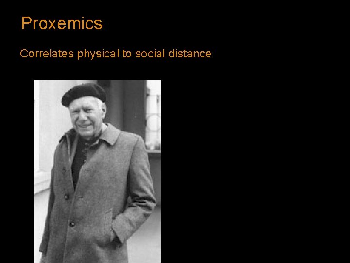 Proxemics Correlates physical to social distance 