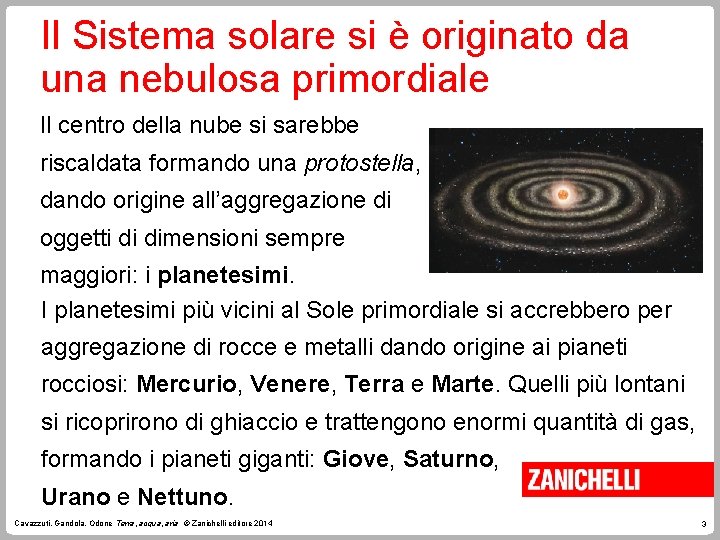 Il Sistema solare si è originato da una nebulosa primordiale Il centro della nube Il Sistema solare si è originato da una nebulosa primordiale Il centro della nube