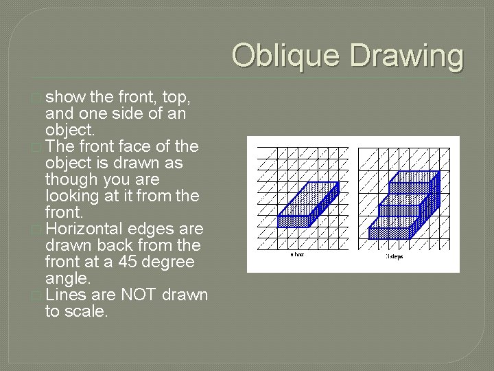 Oblique Drawing � show the front, top, and one side of an object. �