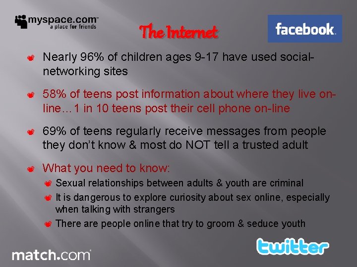 The Internet Nearly 96% of children ages 9 -17 have used socialnetworking sites 58%