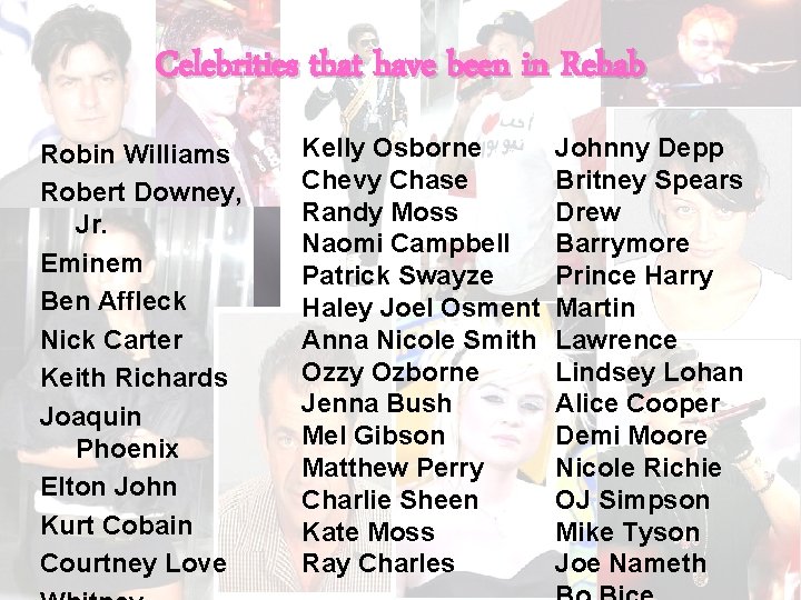 Celebrities that have been in Rehab Robin Williams Robert Downey, Jr. Eminem Ben Affleck