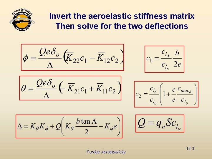 Invert the aeroelastic stiffness matrix Then solve for the two deflections Purdue Aeroelasticity 13