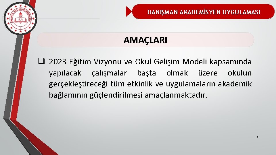 DANIŞMAN AKADEMİSYEN UYGULAMASI AMAÇLARI q 2023 Eğitim Vizyonu ve Okul Gelişim Modeli kapsamında yapılacak