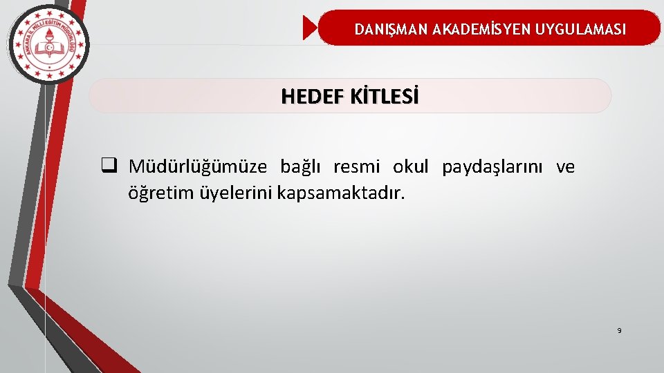 DANIŞMAN AKADEMİSYEN UYGULAMASI HEDEF KİTLESİ q Müdürlüğümüze bağlı resmi okul paydaşlarını ve öğretim üyelerini