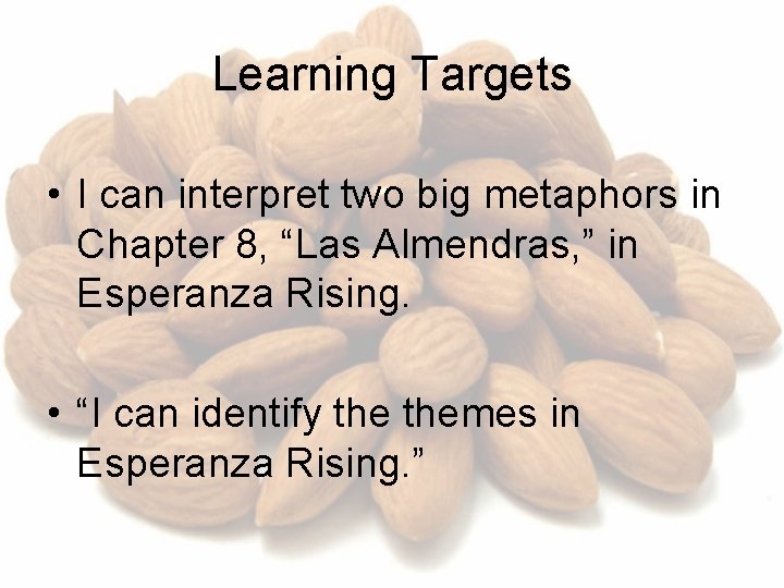 Learning Targets • I can interpret two big metaphors in Chapter 8, “Las Almendras,