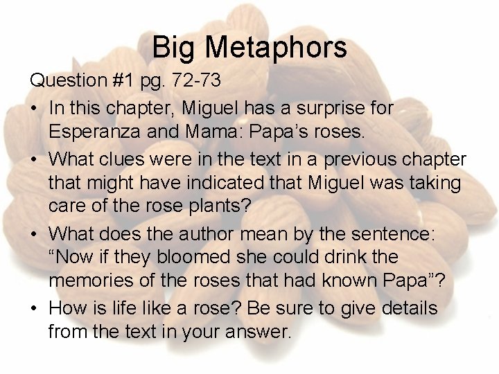 Big Metaphors Question #1 pg. 72 -73 • In this chapter, Miguel has a
