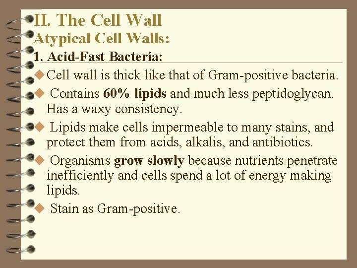 II. The Cell Wall Atypical Cell Walls: 1. Acid-Fast Bacteria: u Cell wall is II. The Cell Wall Atypical Cell Walls: 1. Acid-Fast Bacteria: u Cell wall is