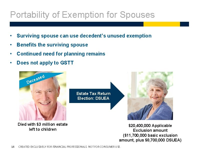 Portability of Exemption for Spouses • Surviving spouse can use decedent’s unused exemption • Portability of Exemption for Spouses • Surviving spouse can use decedent’s unused exemption •