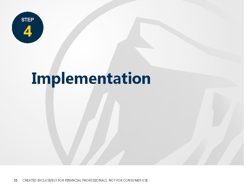 STEP 4 Implementation 35 CREATED EXCLUSIVELY FOR FINANCIAL PROFESSIONALS. NOT FOR CONSUMER USE. STEP 4 Implementation 35 CREATED EXCLUSIVELY FOR FINANCIAL PROFESSIONALS. NOT FOR CONSUMER USE.