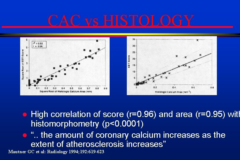 CAC vs HISTOLOGY l l High correlation of score (r=0. 96) and area (r=0.