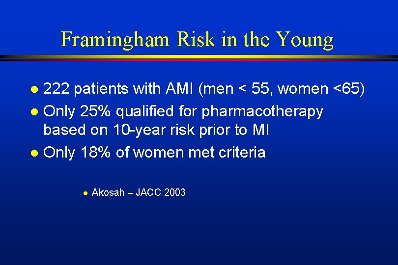 Framingham Risk in the Young 222 patients with AMI (men < 55, women <65)
