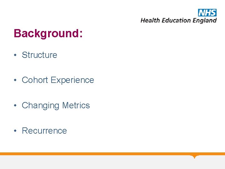 Background: • Structure • Cohort Experience • Changing Metrics • Recurrence 