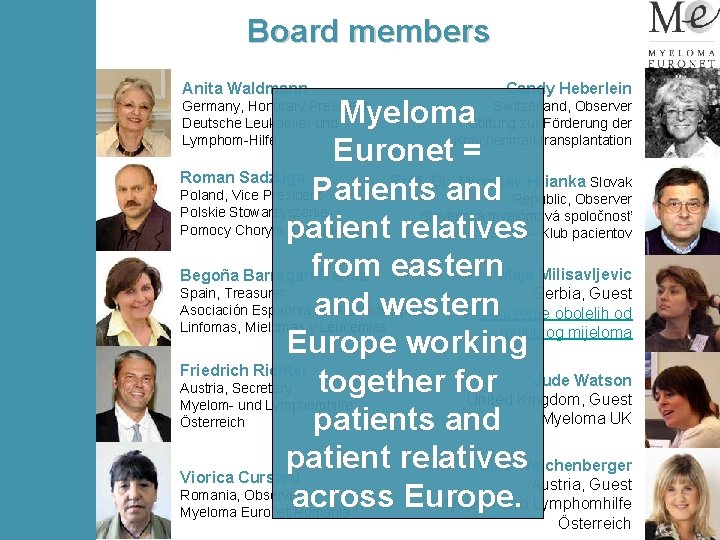 Board members Anita Waldmann Candy Heberlein Switzerland, Observer Myeloma Stiftung zur Förderung der Knochenmarktransplantation