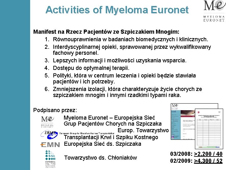 Activities of Myeloma Euronet Manifest na Rzecz Pacjentów ze Szpiczakiem Mnogim: 1. Równouprawnienia w