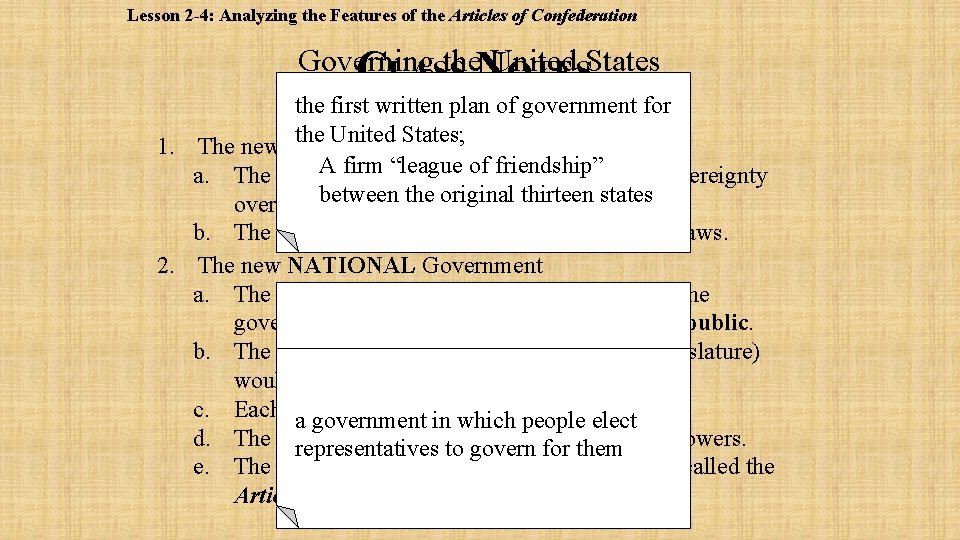 Lesson 2 -4: Analyzing the Features of the Articles of Confederation Governing the. N