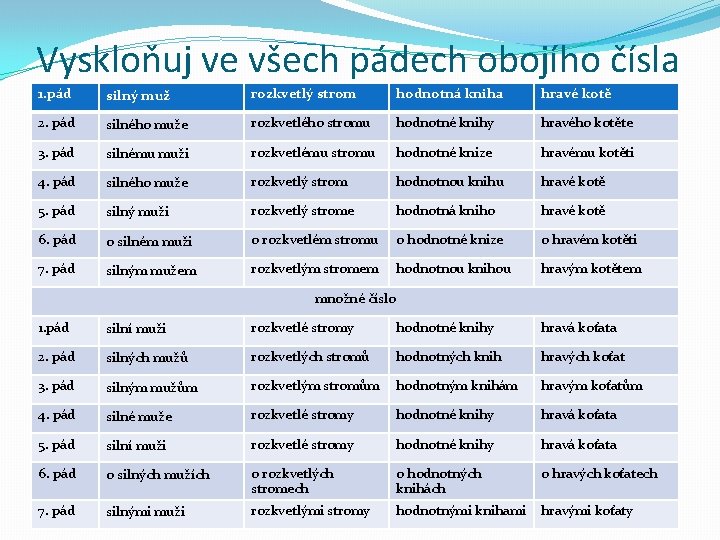 Vyskloňuj ve všech pádech obojího čísla 1. pád silný muž rozkvetlý strom hodnotná kniha