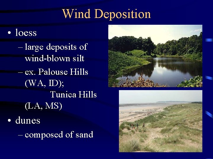 Wind Deposition • loess – large deposits of wind-blown silt – ex. Palouse Hills