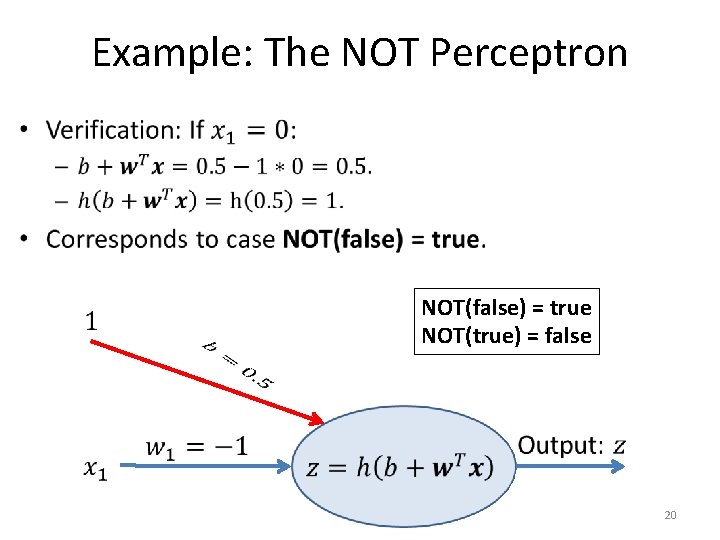 Example: The NOT Perceptron • NOT(false) = true NOT(true) = false 20 