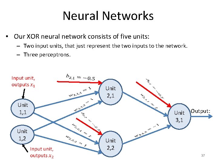 Neural Networks • Our XOR neural network consists of five units: – Two input