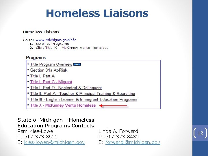 Homeless Liaisons State of Michigan – Homeless Education Programs Contacts Pam Kies-Lowe Linda A.