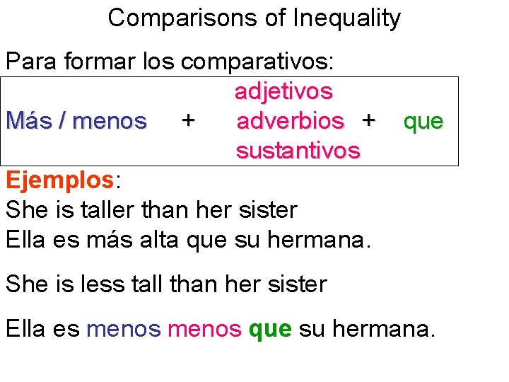 Comparisons of Inequality Para formar los comparativos: adjetivos Más / menos + adverbios +