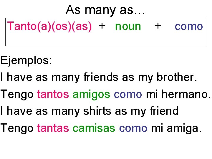 As many as… Tanto(a)(os)(as) + noun + como Ejemplos: I have as many friends