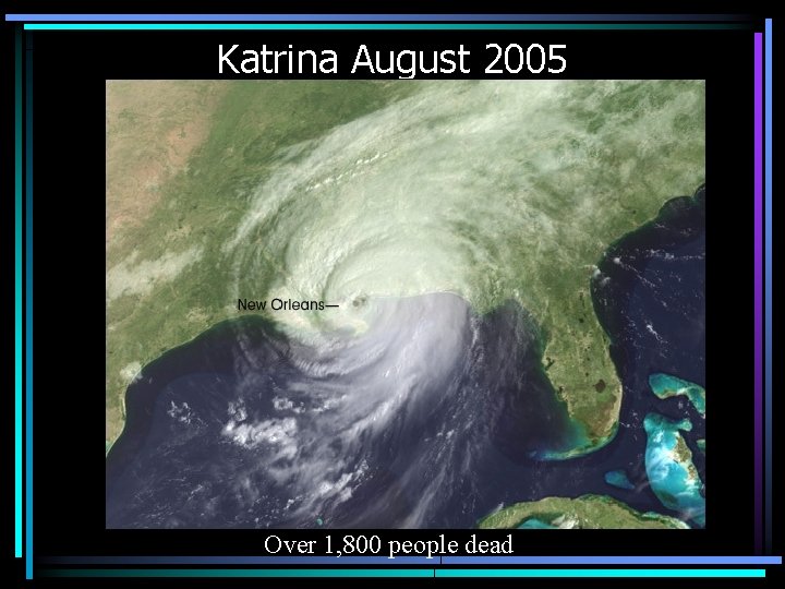 Katrina August 2005 Over 1, 800 people dead 