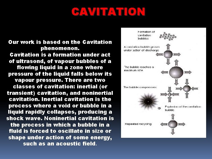 СAVITATION Our work is based on the Cavitation phenomenon. Cavitation is a formation under