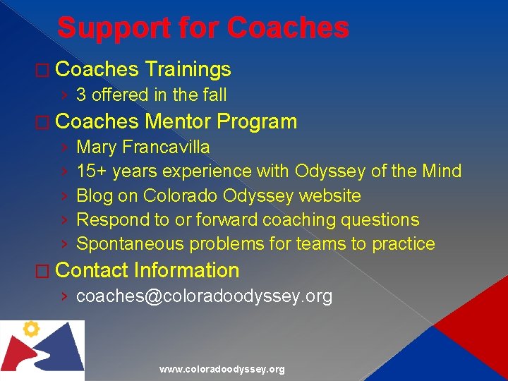 Support for Coaches � Coaches Trainings › 3 offered in the fall � Coaches