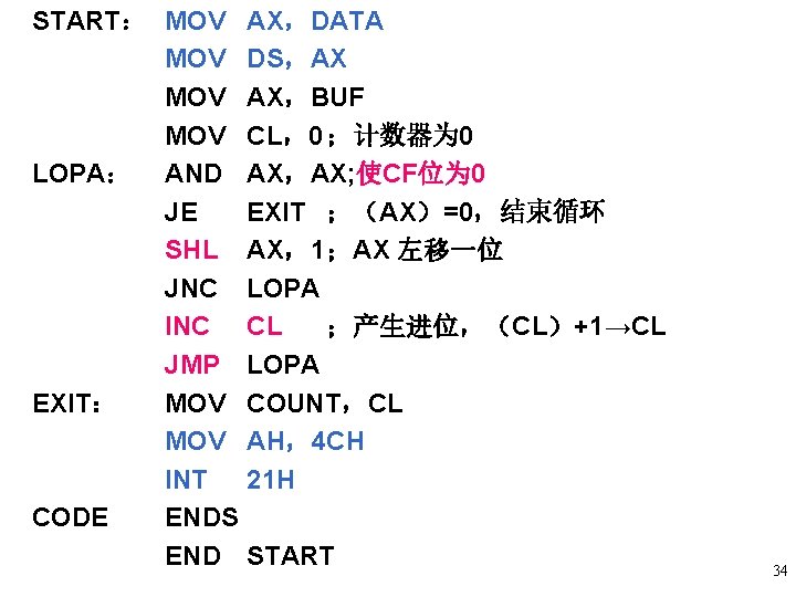 START: MOV AX,DATA MOV DS,AX MOV AX,BUF MOV CL,0 ;计数器为 0 LOPA: AND AX,AX; START: MOV AX,DATA MOV DS,AX MOV AX,BUF MOV CL,0 ;计数器为 0 LOPA: AND AX,AX;