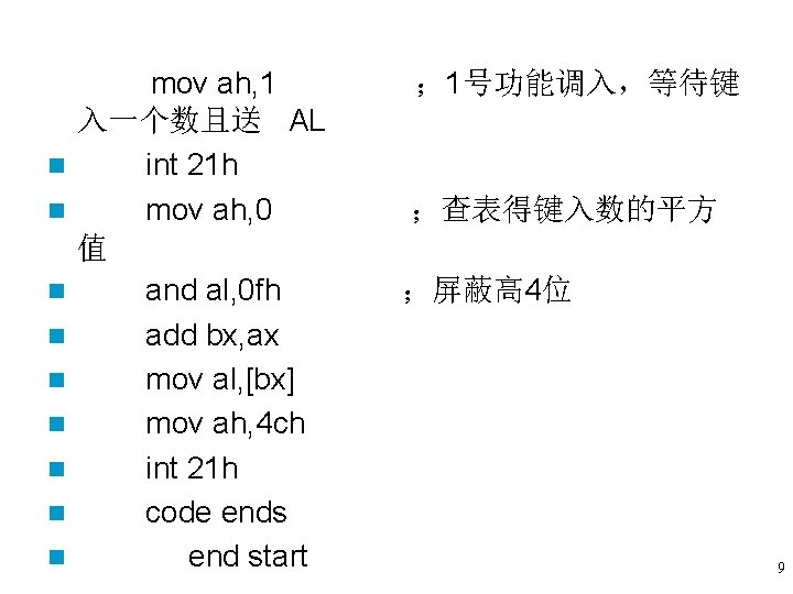 n n n n n mov ah, 1 入一个数且送 AL int 21 h mov n n n n n mov ah, 1 入一个数且送 AL int 21 h mov