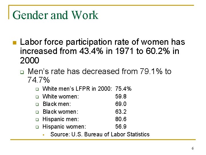 Gender and Work n Labor force participation rate of women has increased from 43.