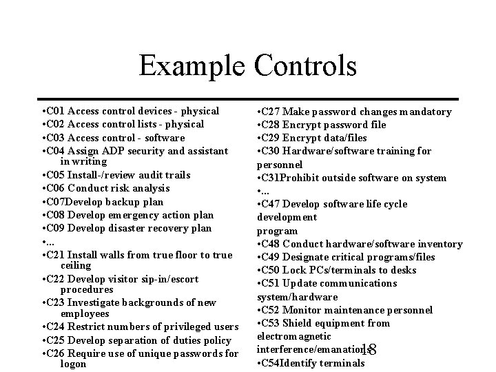 Example Controls • C 01 Access control devices - physical • C 02 Access