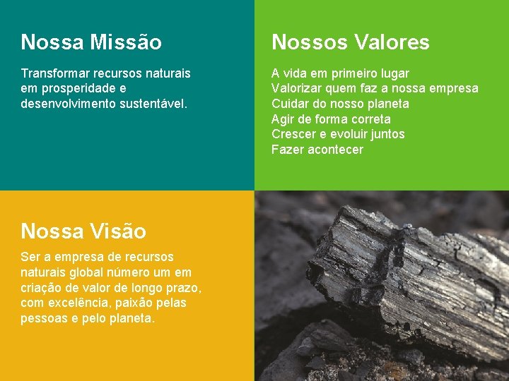 Nossa Missão Nossos Valores Transformar recursos naturais em prosperidade e desenvolvimento sustentável. A vida