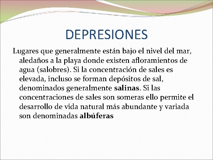 DEPRESIONES Lugares que generalmente están bajo el nivel del mar, aledaños a la playa