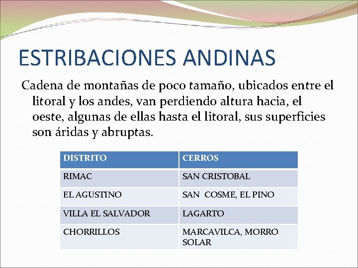 ESTRIBACIONES ANDINAS Cadena de montañas de poco tamaño, ubicados entre el litoral y los