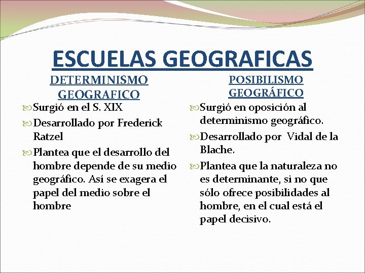 ESCUELAS GEOGRAFICAS DETERMINISMO GEOGRAFICO Surgió en el S. XIX Desarrollado por Frederick Ratzel Plantea