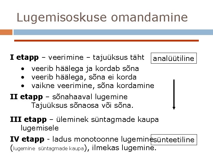 Lugemisoskuse omandamine I etapp – veerimine – tajuüksus täht analüütiline • veerib häälega ja