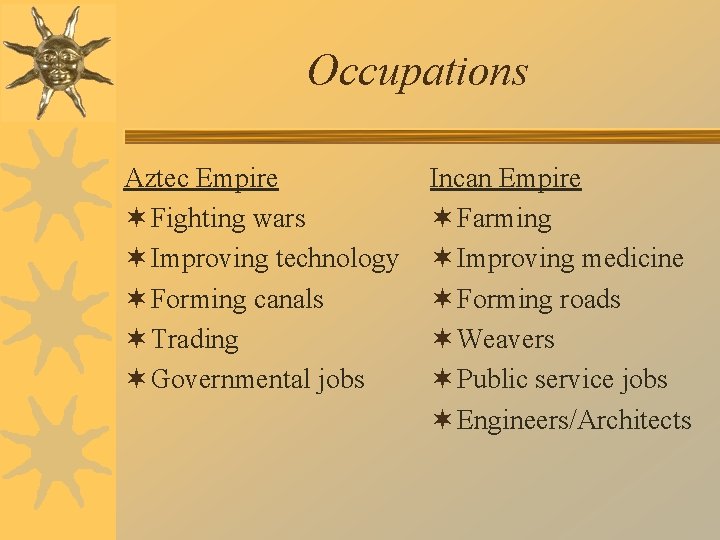 Occupations Aztec Empire ¬ Fighting wars ¬ Improving technology ¬ Forming canals ¬ Trading