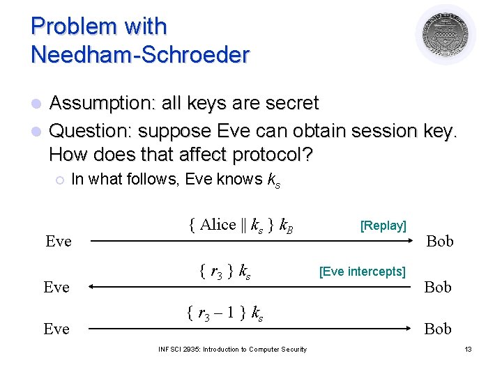 Problem with Needham-Schroeder Assumption: all keys are secret l Question: suppose Eve can obtain