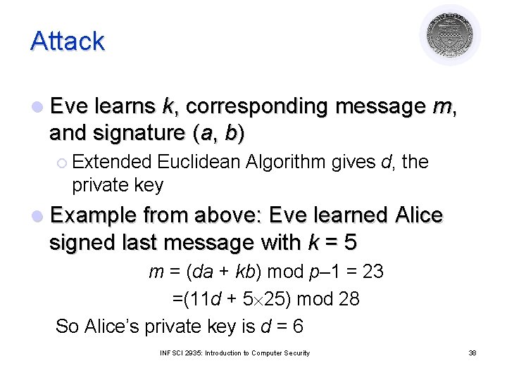 Attack l Eve learns k, corresponding message m, and signature (a, b) ¡ Extended