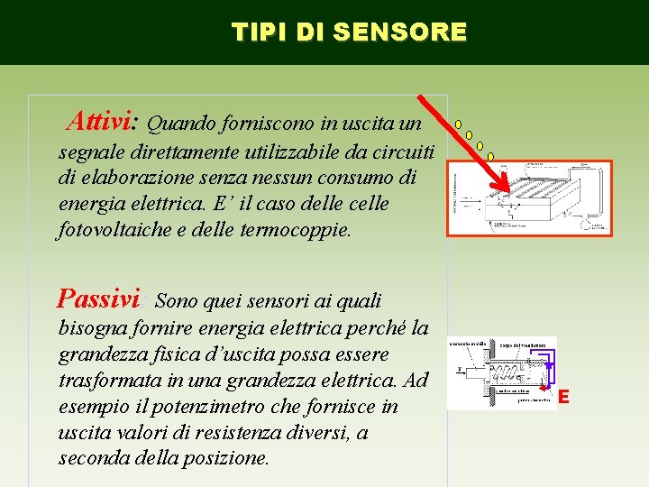 TIPI DI SENSORE Attivi: Quando forniscono in uscita un segnale direttamente utilizzabile da circuiti