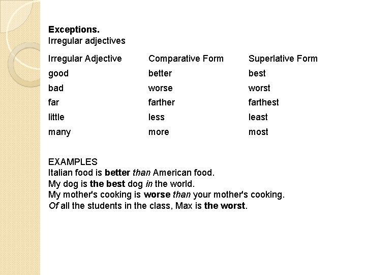 Exceptions. Irregular adjectives Irregular Adjective Comparative Form Superlative Form good better best bad worse