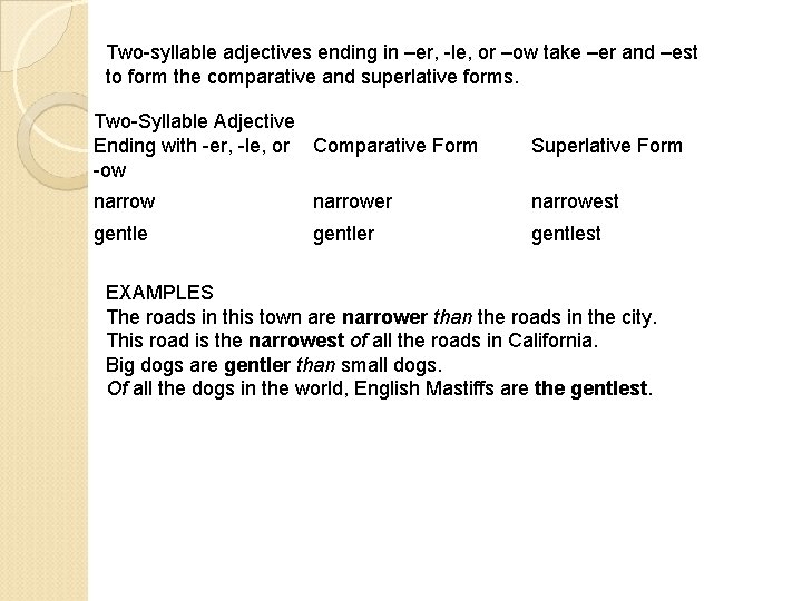 Two-syllable adjectives ending in –er, -le, or –ow take –er and –est to form